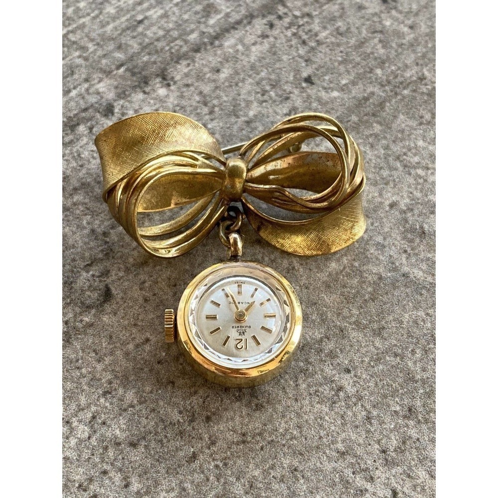 BUCHERER Incablock Swiss Gold Tone Watch Brooch Pin Bowel Mechanical Wind Up VTG